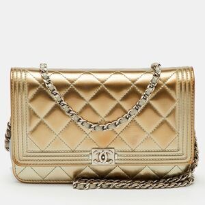 Chanel Metallic Grey Quilted Patent Leather Classic Boy Woc Bag